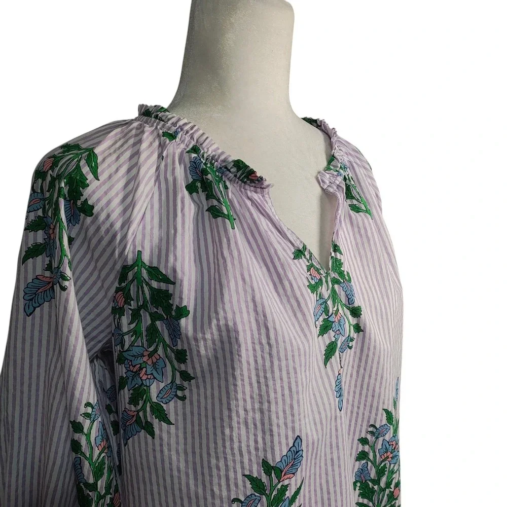 J.‎ Crew Striped Floral V-Neck Ruffle Blouse Purple White Coastal Boho Size S